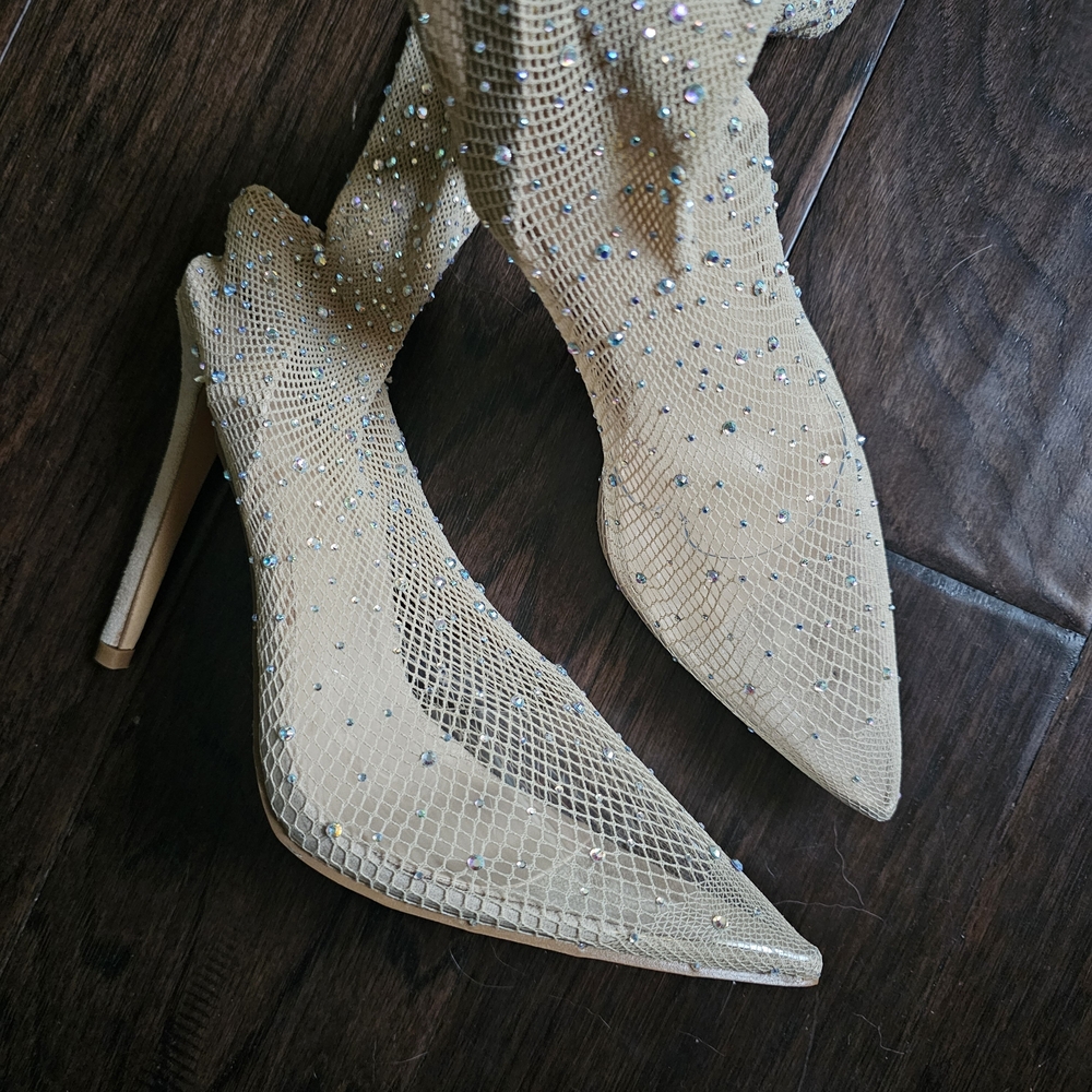 elegant rhinestone mesh fishnet stiletto heels